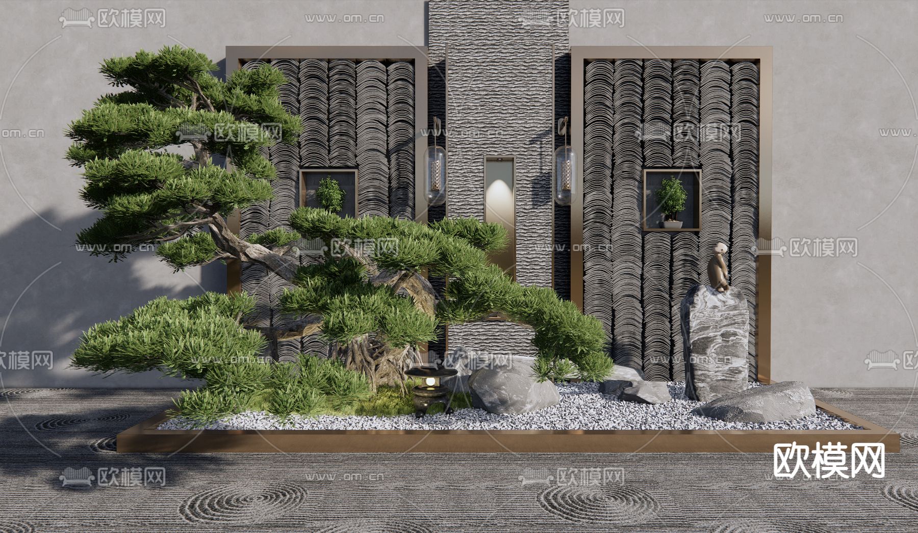 新中式松树景墙庭院小品su模型下载_ID11927090_sketchup模型下载-欧模网