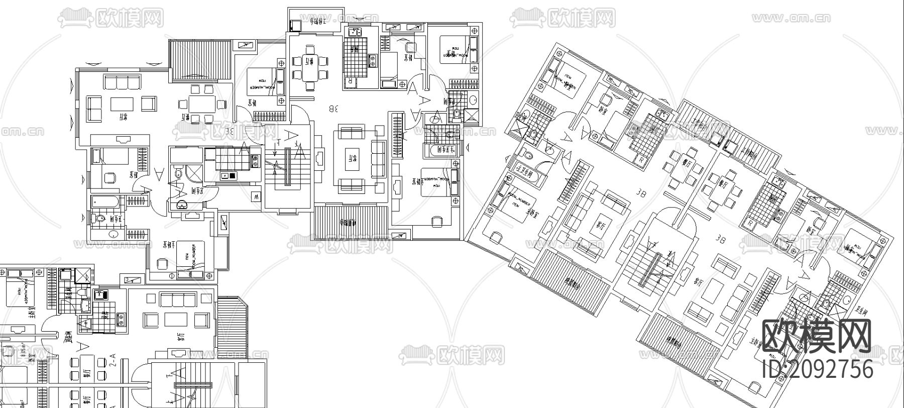 多层小高层典型组团CAD平面图下载（渲染图1）