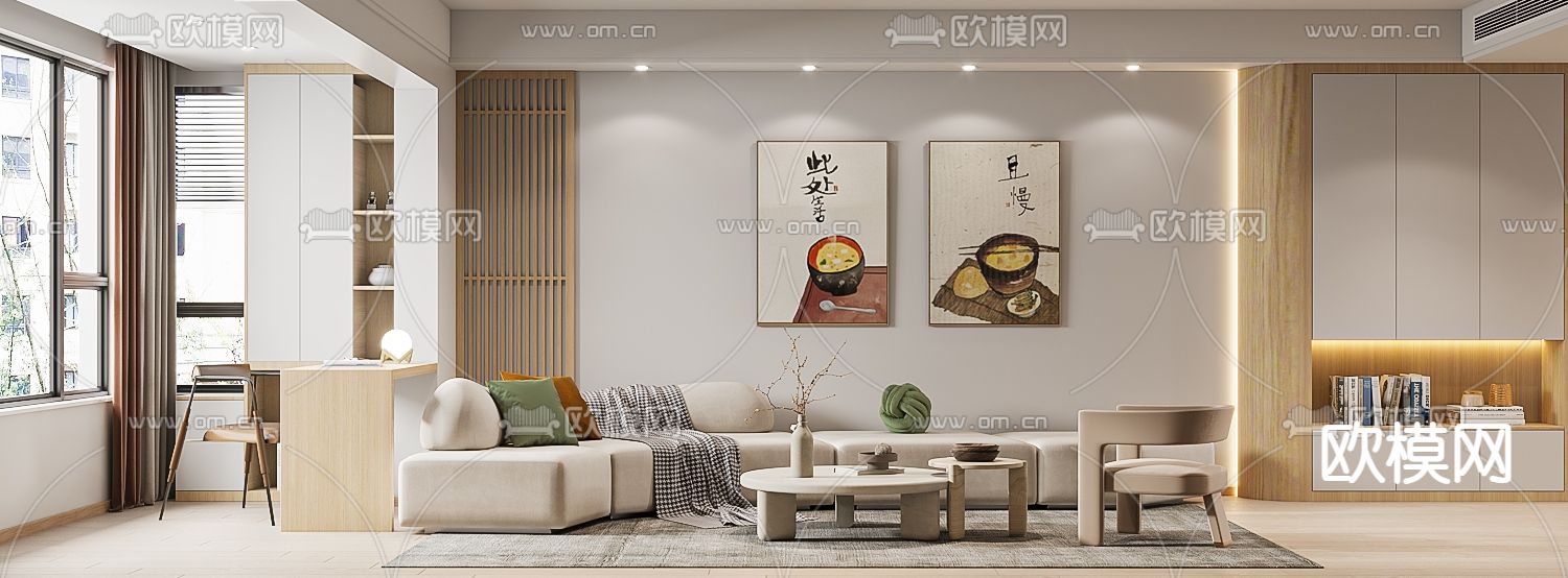 日式简约客餐厅3d模型下载（渲染图2）