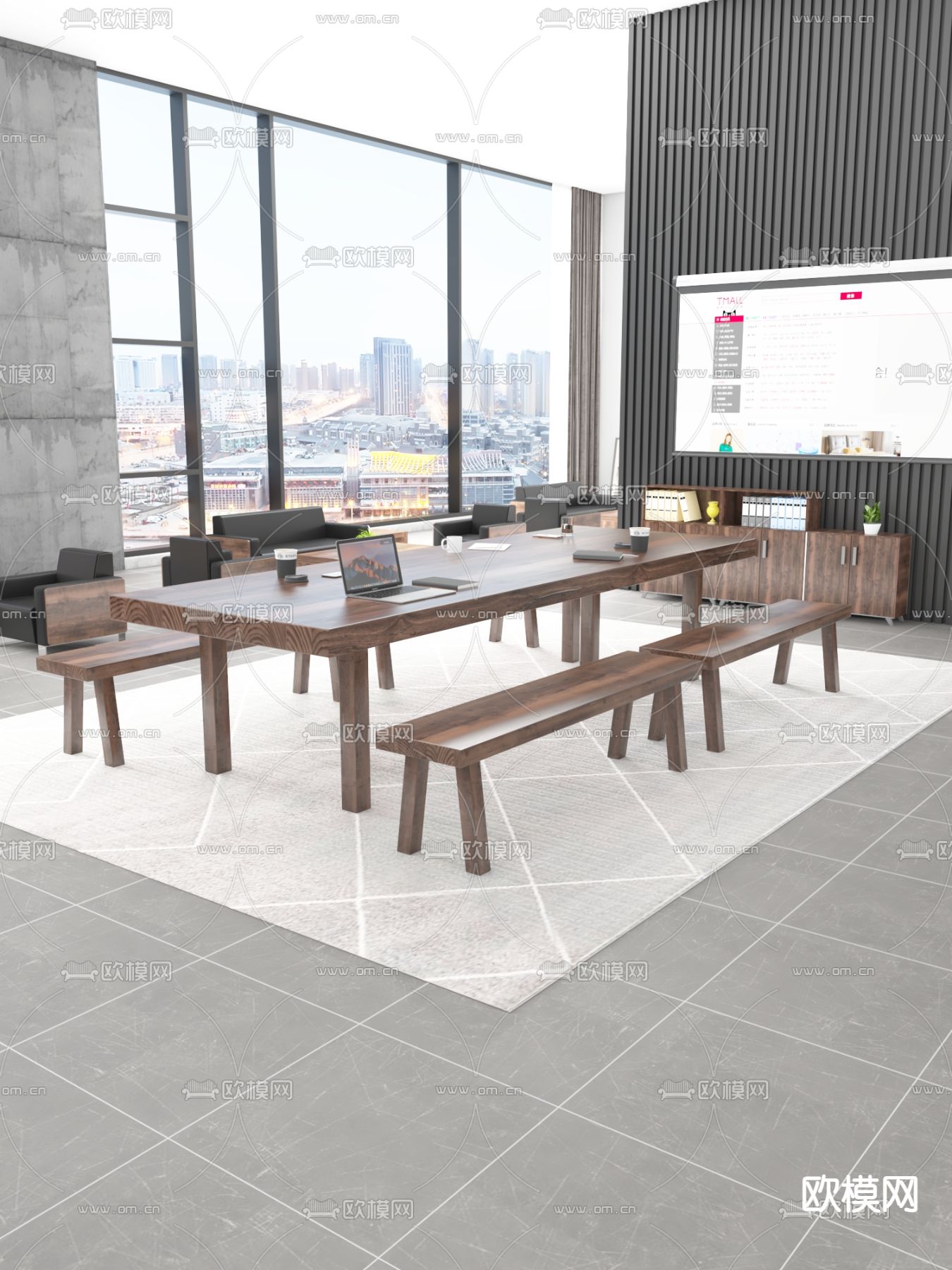现代实木会议桌椅办公沙发组合d模型下载（渲染图3）