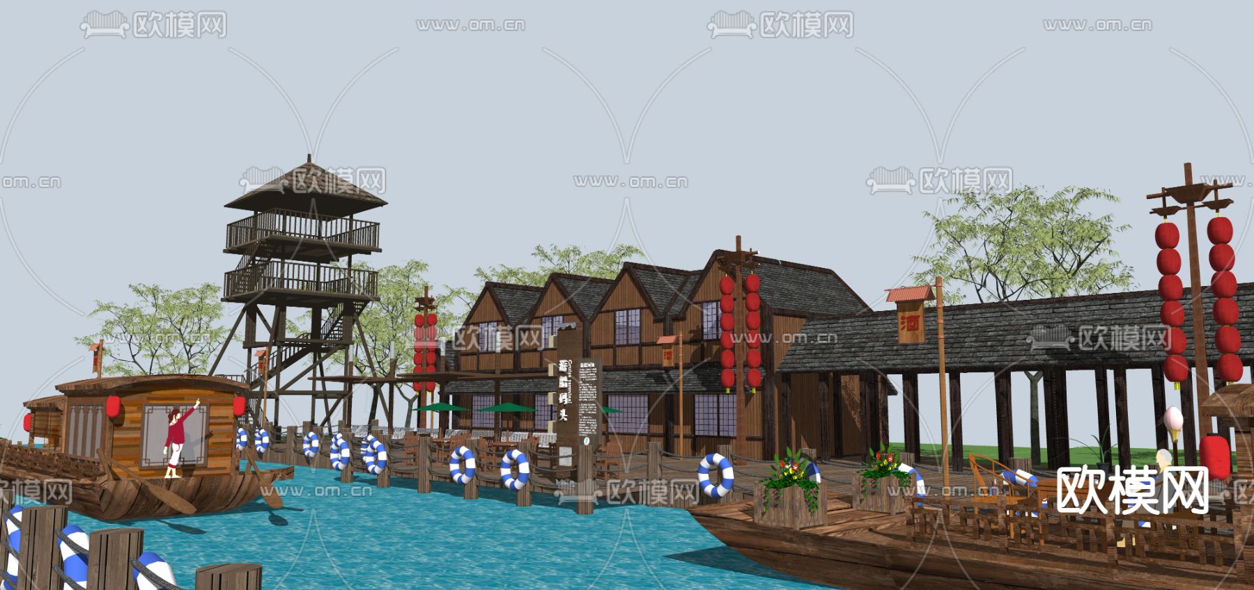 中式古代码头景观su模型下载（渲染图3）