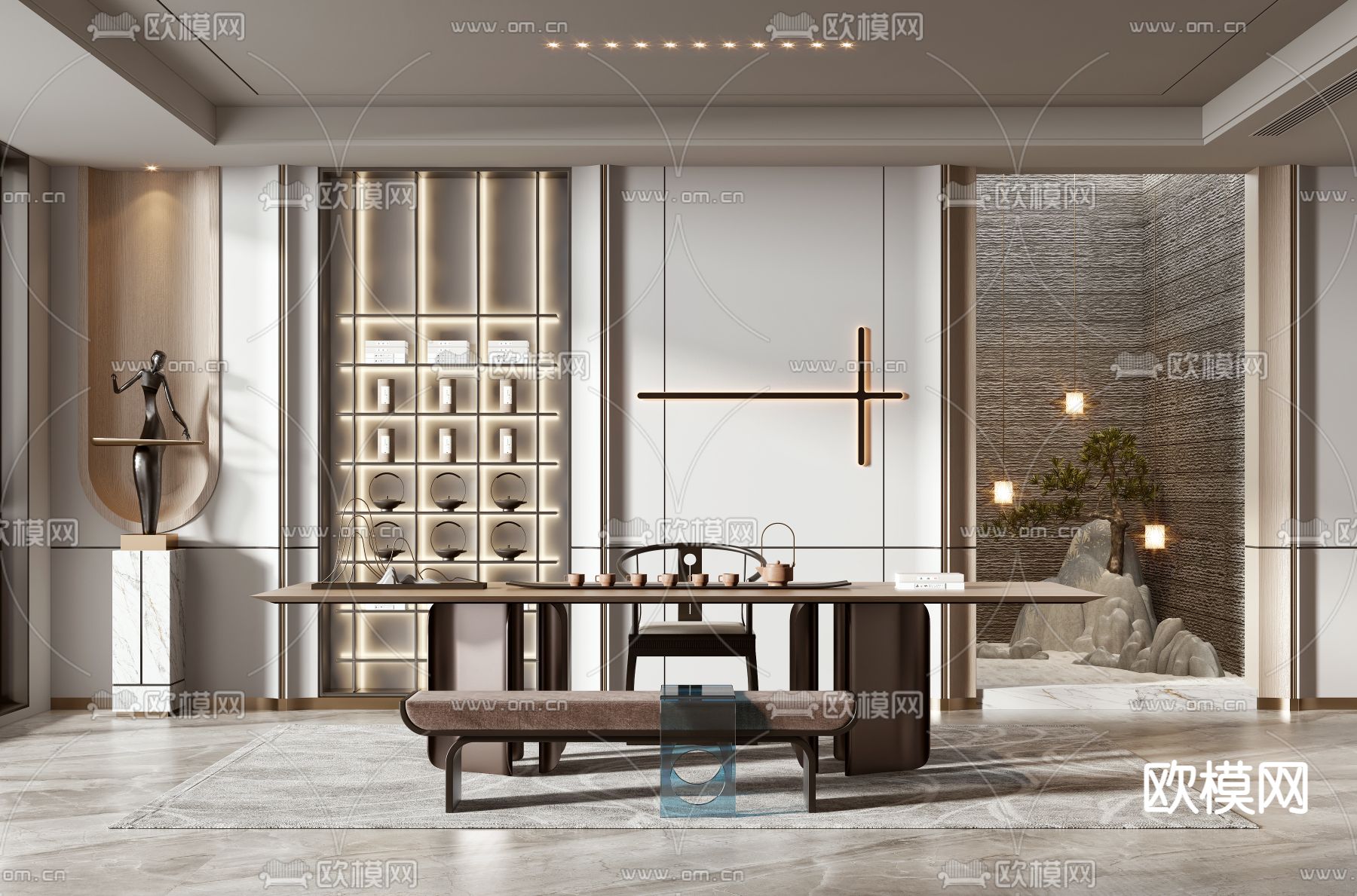 新中式轻奢茶室3d模型下载_ID11930269_3dmax免费模型-欧模网