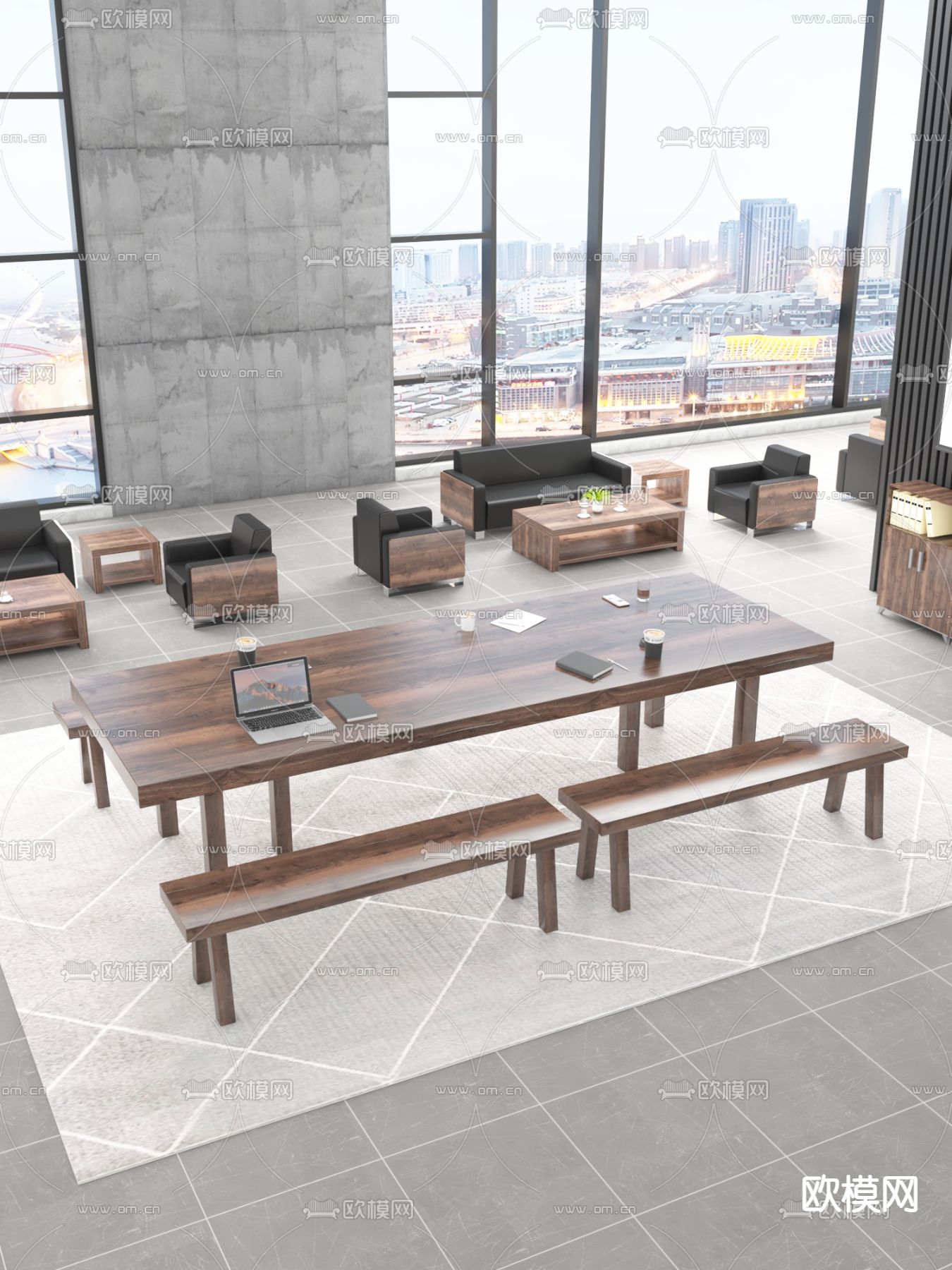 现代实木会议桌椅办公沙发组合d模型下载（渲染图4）