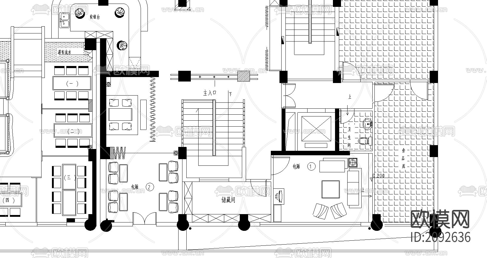 餐厅CAD平面布置图下载（渲染图1）