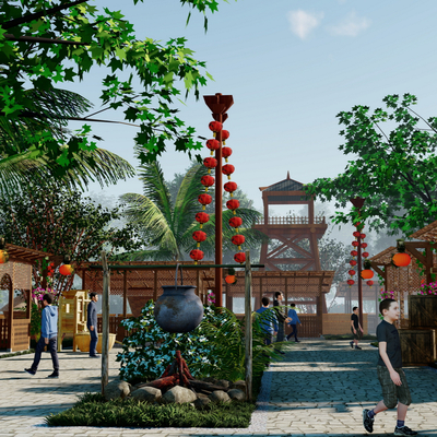  中式农村集市商业街su模型 