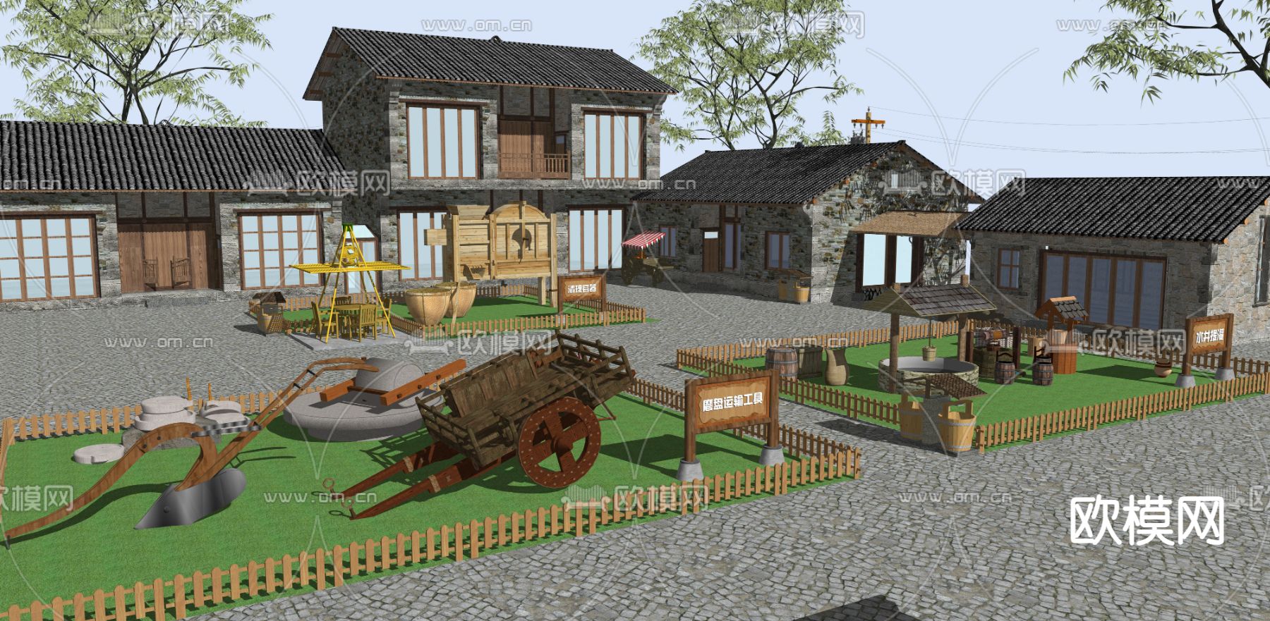 中式乡村民宿外观su模型下载（渲染图2）