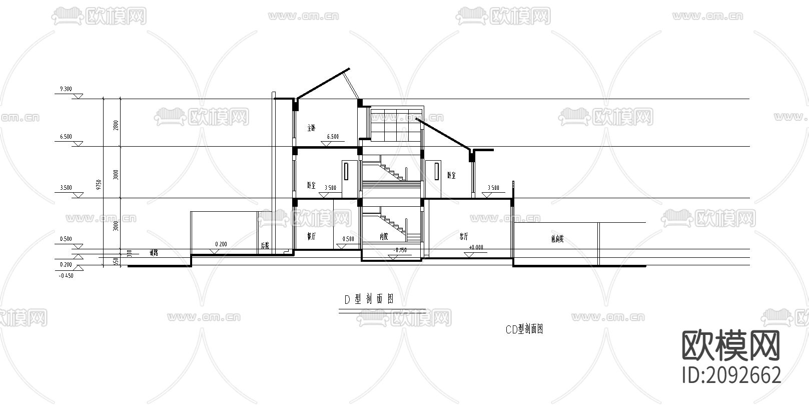 D型住宅平立剖面CAD施工图下载（渲染图1）