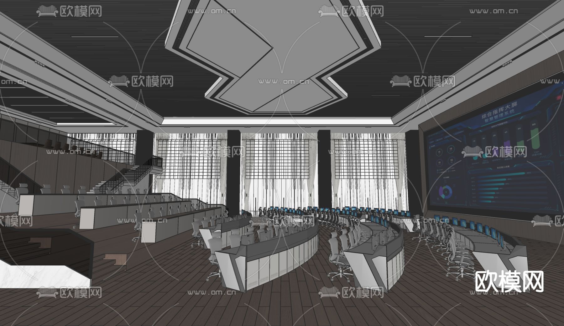 现代指挥控制大厅su模型下载（渲染图2）