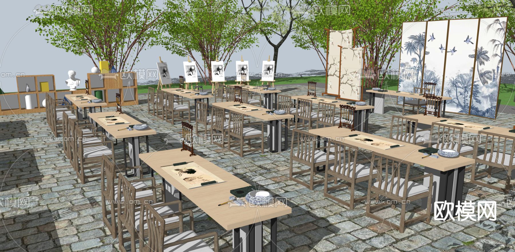 中式课外写生景观su模型下载（渲染图3）