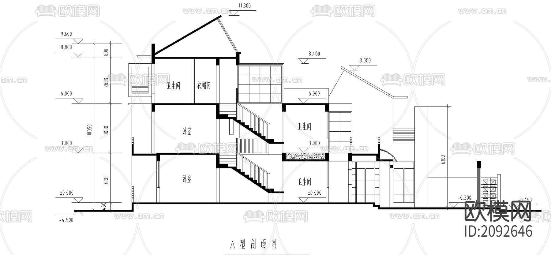 A型别墅平立剖面CAD图下载（渲染图2）