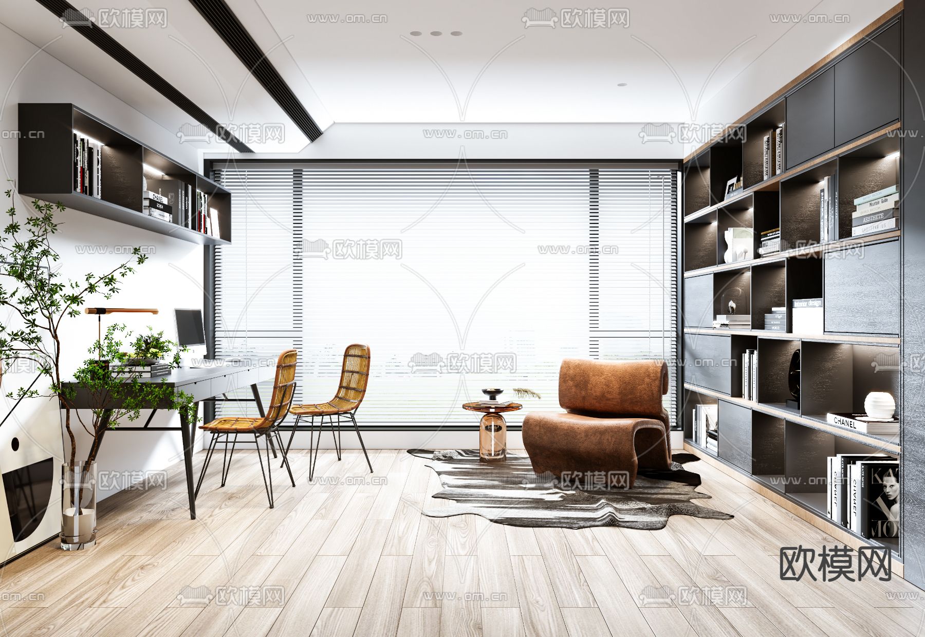 现代书房su模型下载（渲染图1）
