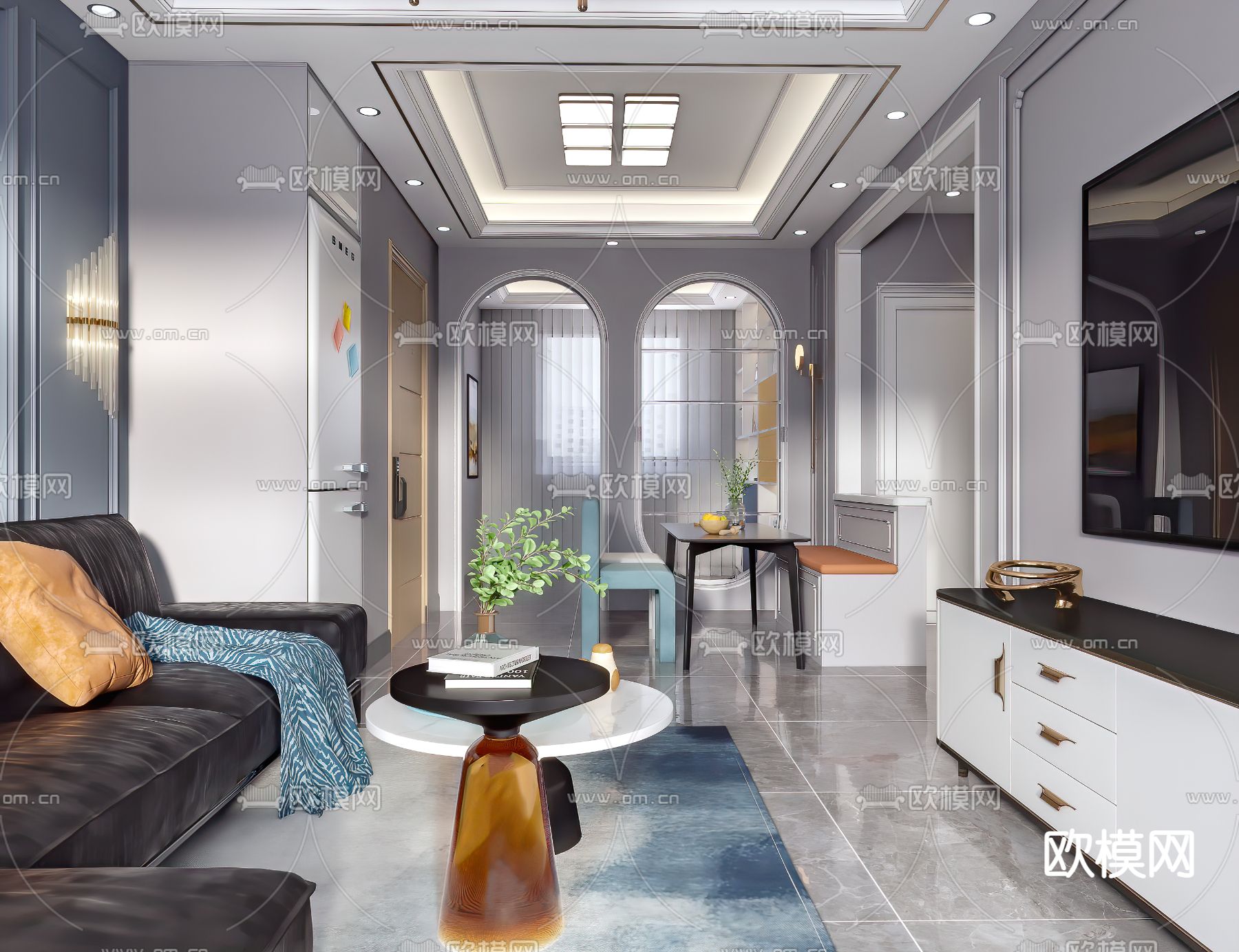 美式客厅餐厅3d模型下载（渲染图1）