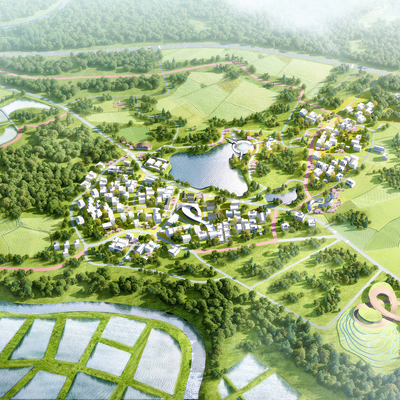  现代乡村鸟瞰规划su模型 