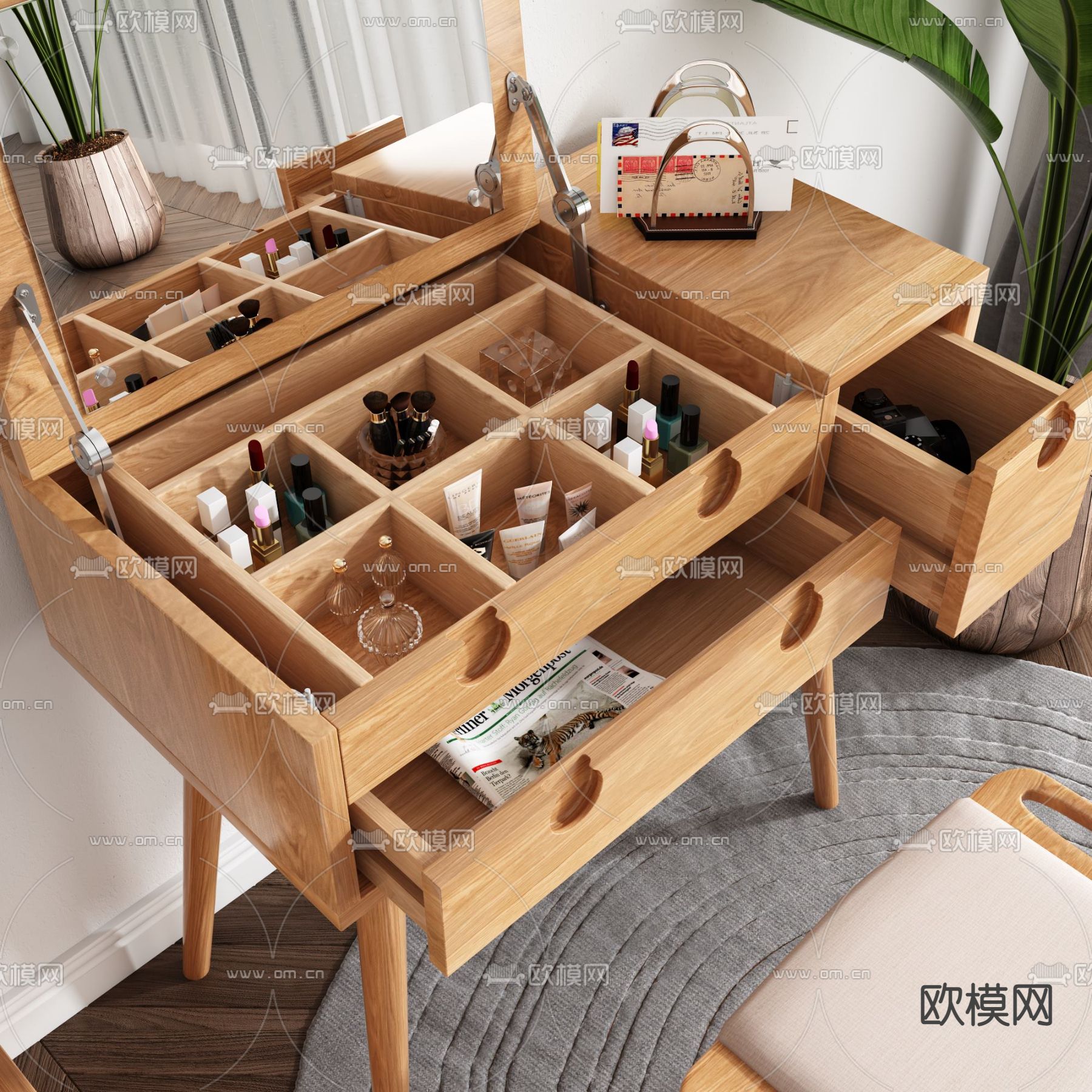 北欧实木梳妆台3d模型下载（渲染图3）