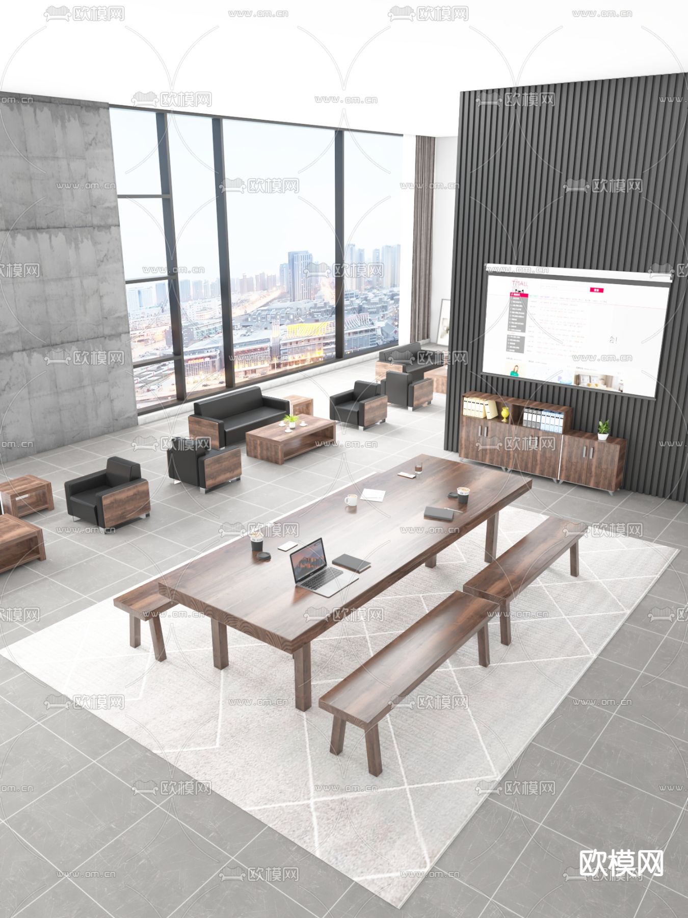 现代实木会议桌椅办公沙发组合d模型下载（渲染图1）