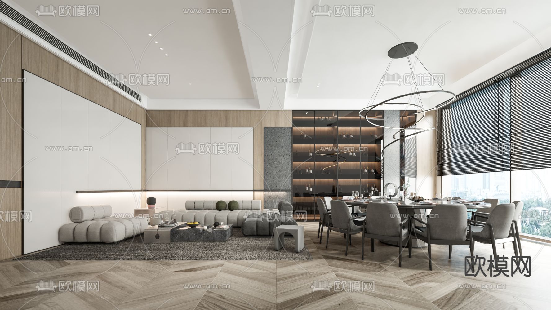 现代轻奢客餐厅su模型下载（渲染图1）