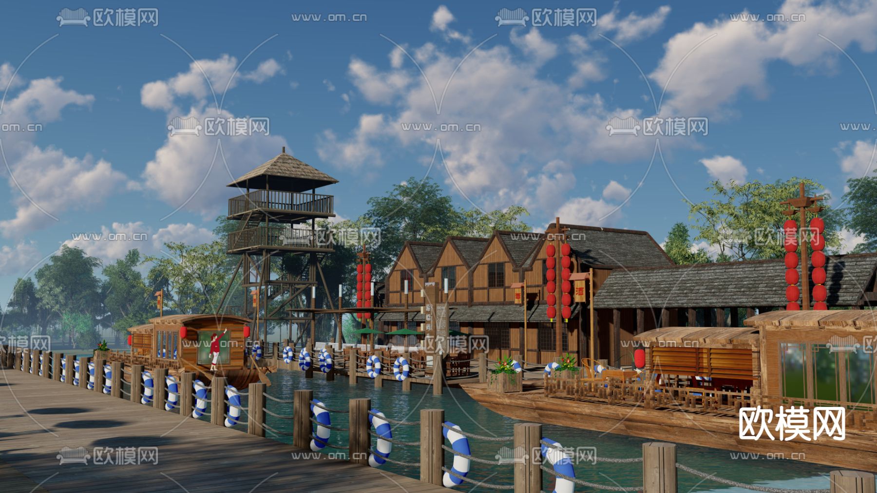 中式古代码头景观su模型下载（渲染图1）