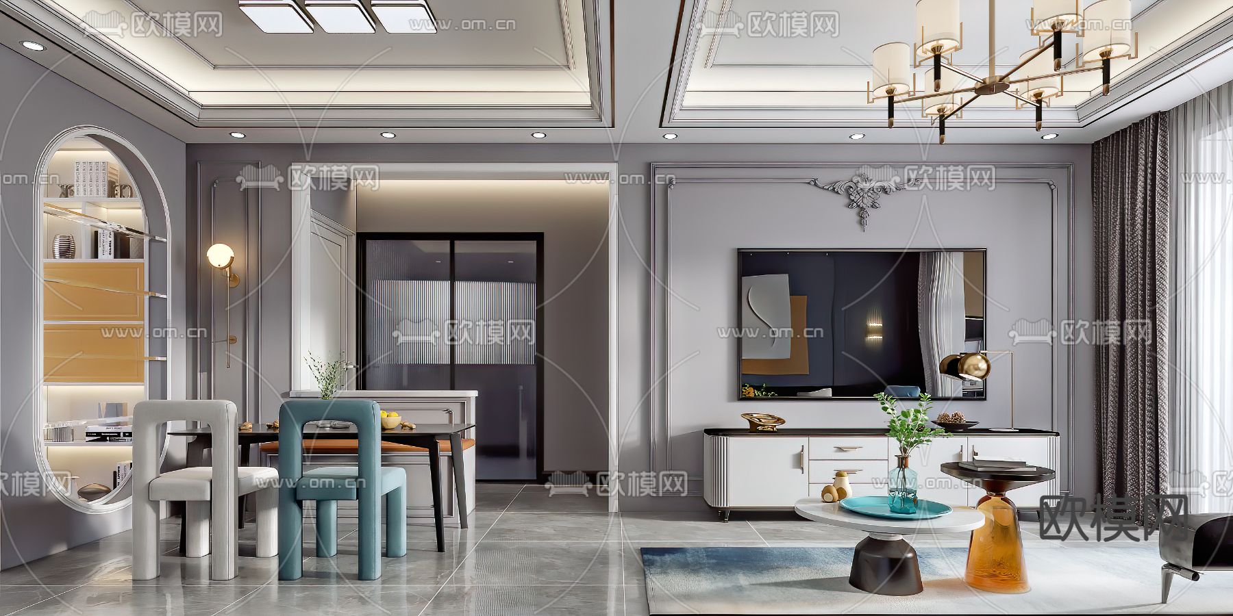 美式客厅餐厅3d模型下载（渲染图2）