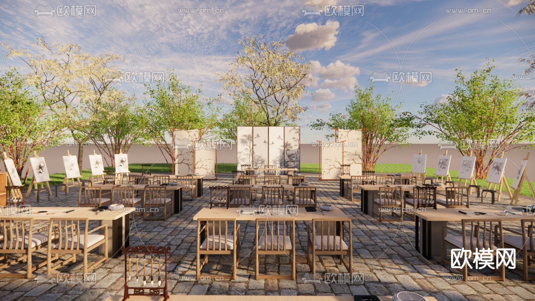 中式课外写生景观su模型下载（渲染图1）