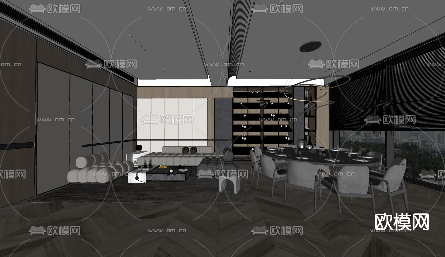 现代轻奢客餐厅su模型下载（渲染图2）