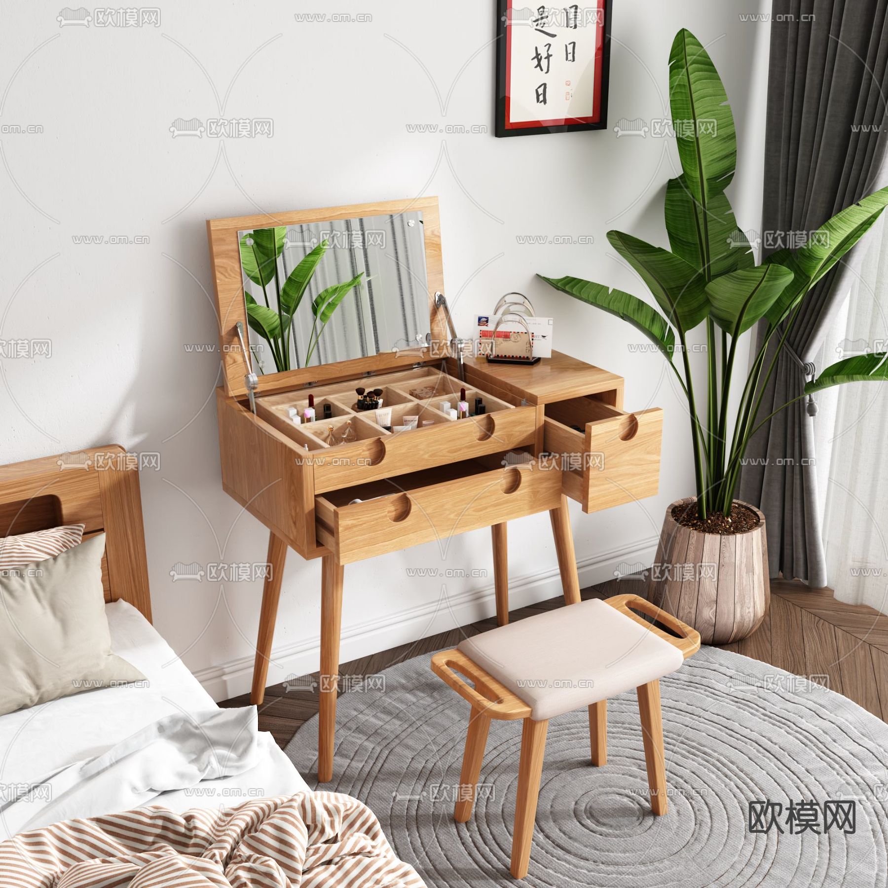 北欧实木梳妆台3d模型下载（渲染图1）