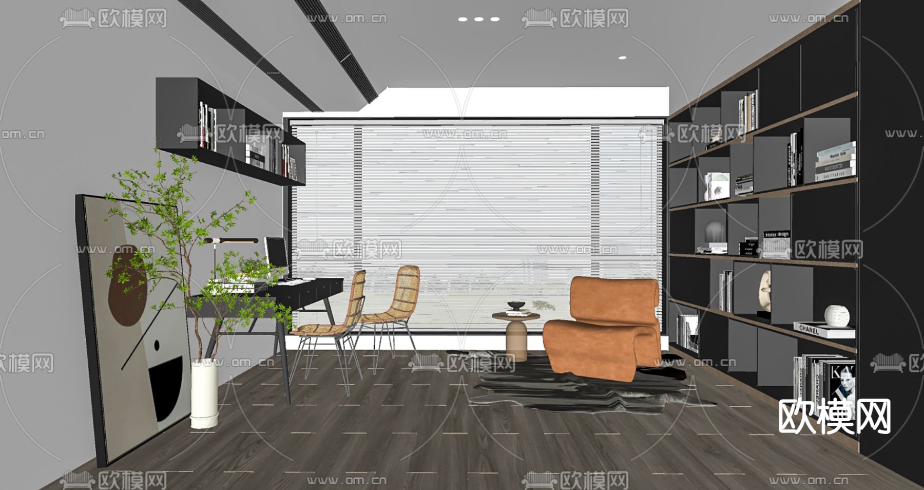 现代书房su模型下载（渲染图2）
