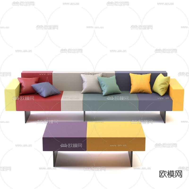 现代简约彩色布艺沙发茶几组合免费3d模型下载