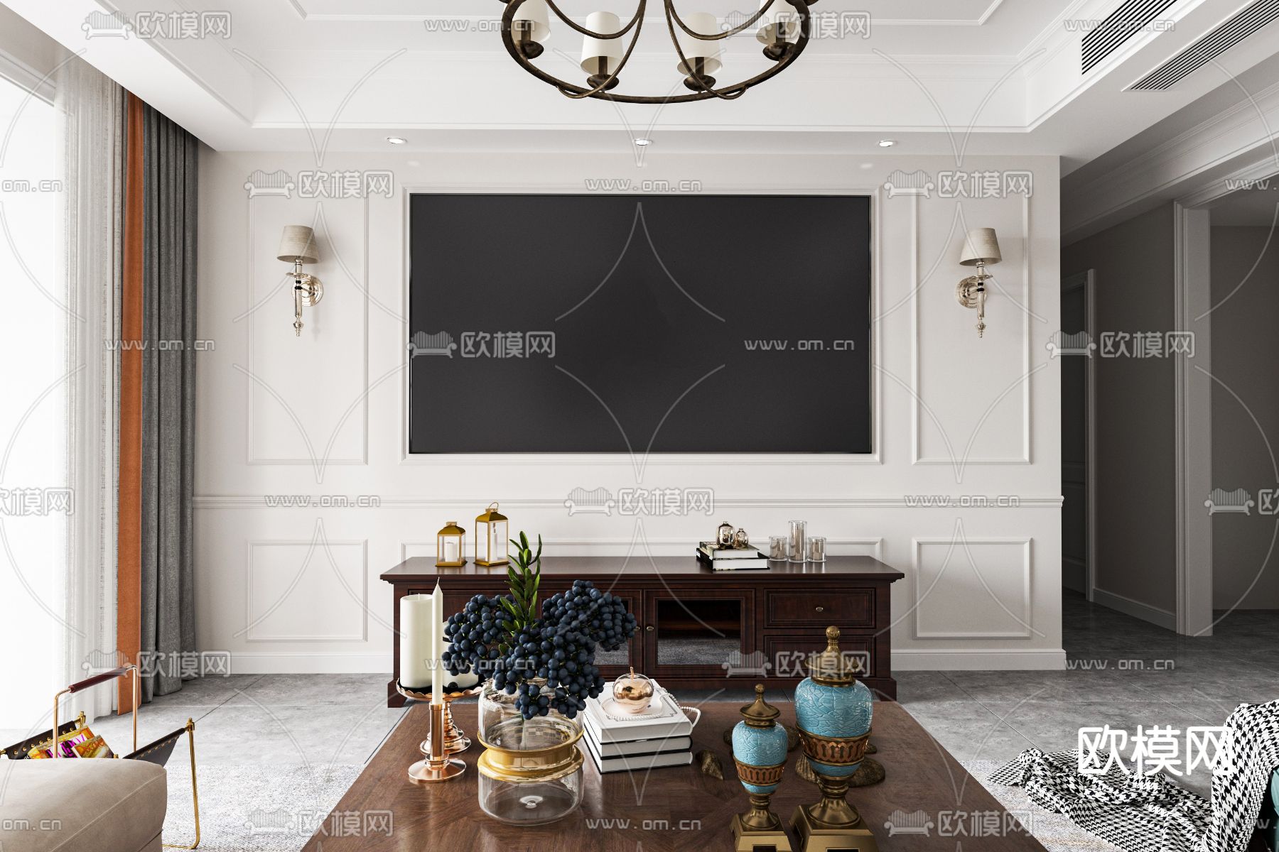 美式客厅餐厅3d模型下载（渲染图3）