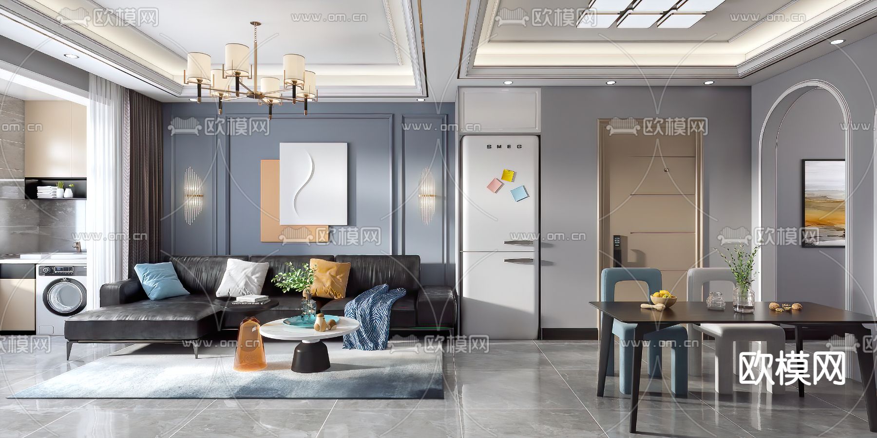 美式客厅餐厅3d模型下载（渲染图5）