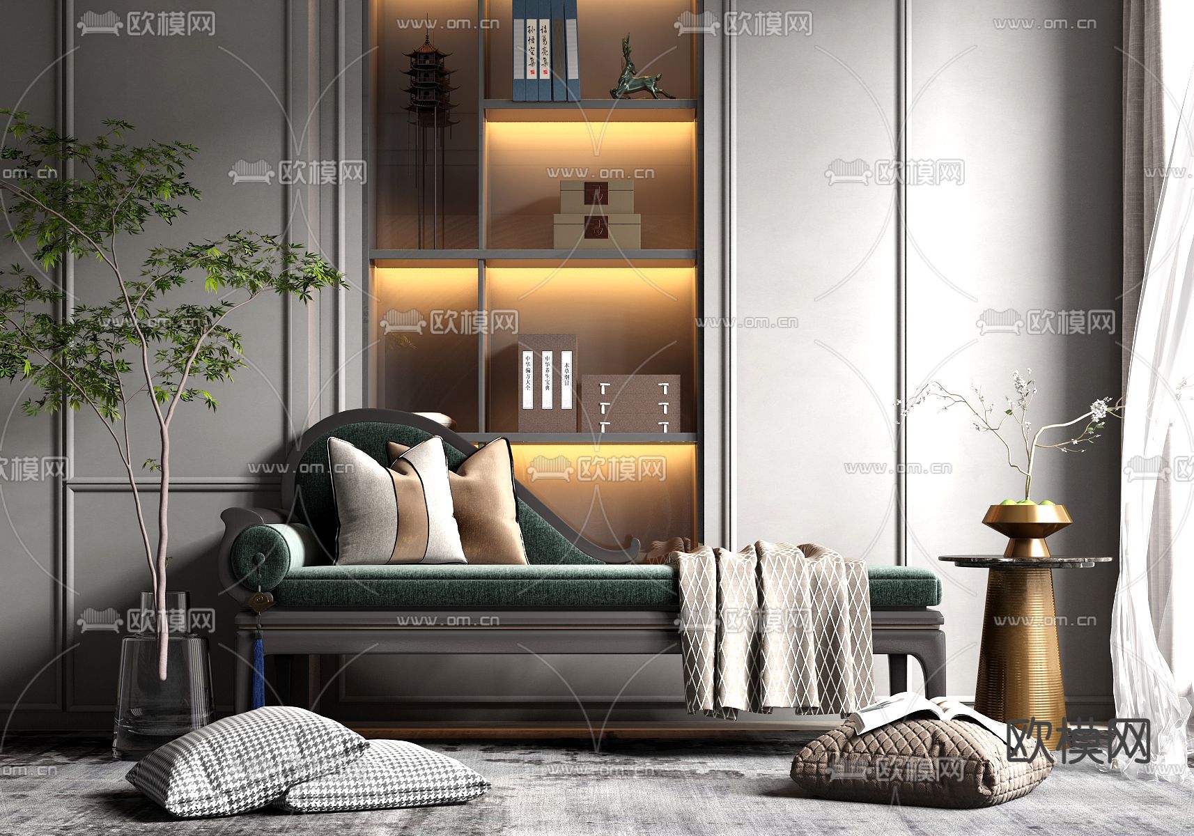 新中式轻奢贵妃躺椅su模型下载（渲染图1）