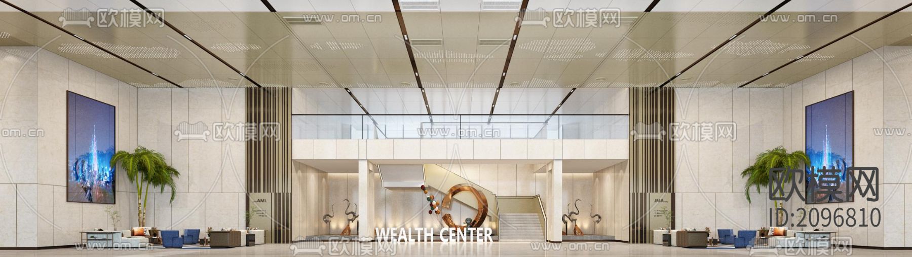 某酒店办公大楼大堂公区电梯厅CAD施工图+效果图下载（渲染图1）