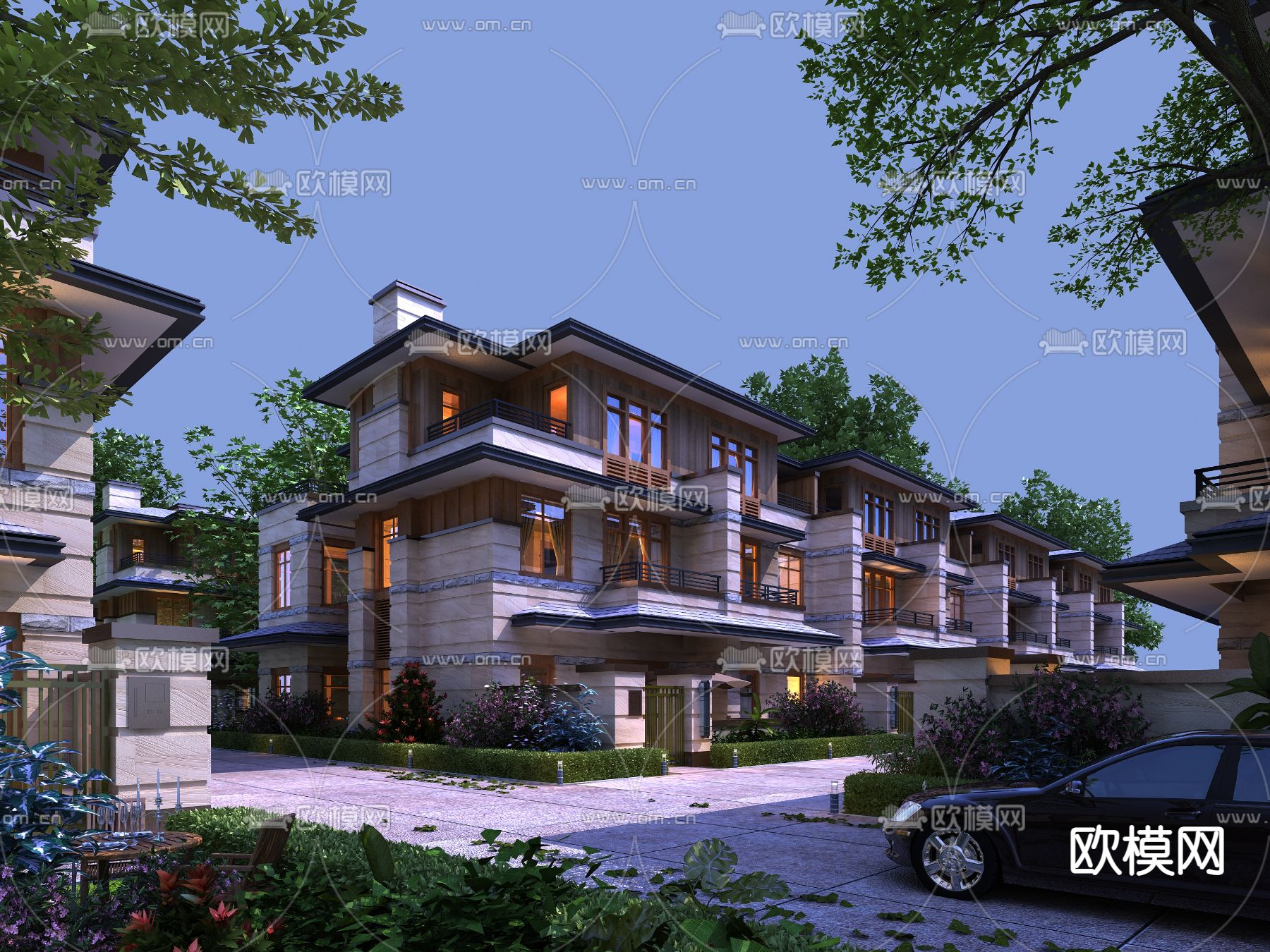 新中式联排别墅外观3d模型下载