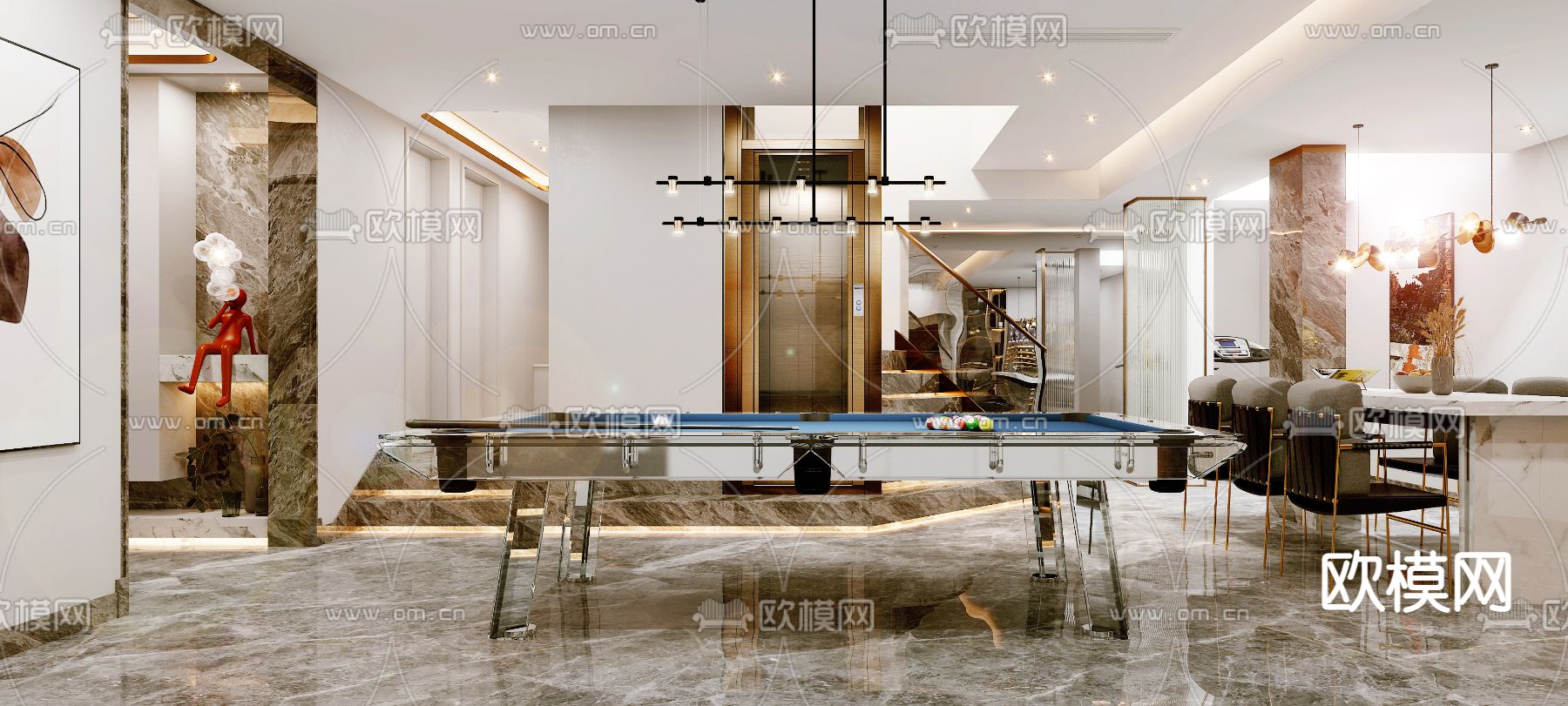 现代台球室3d模型下载（渲染图1）
