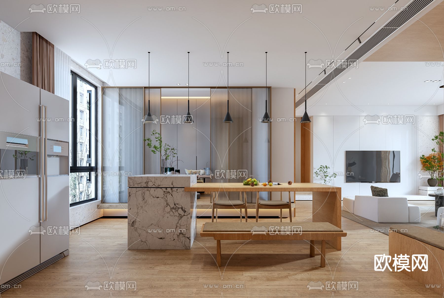 日式客厅餐厅3d模型下载（渲染图5）