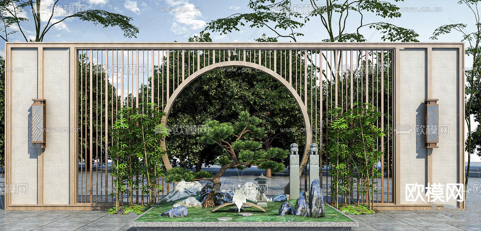 新中式景墙围墙su模型下载（渲染图1）