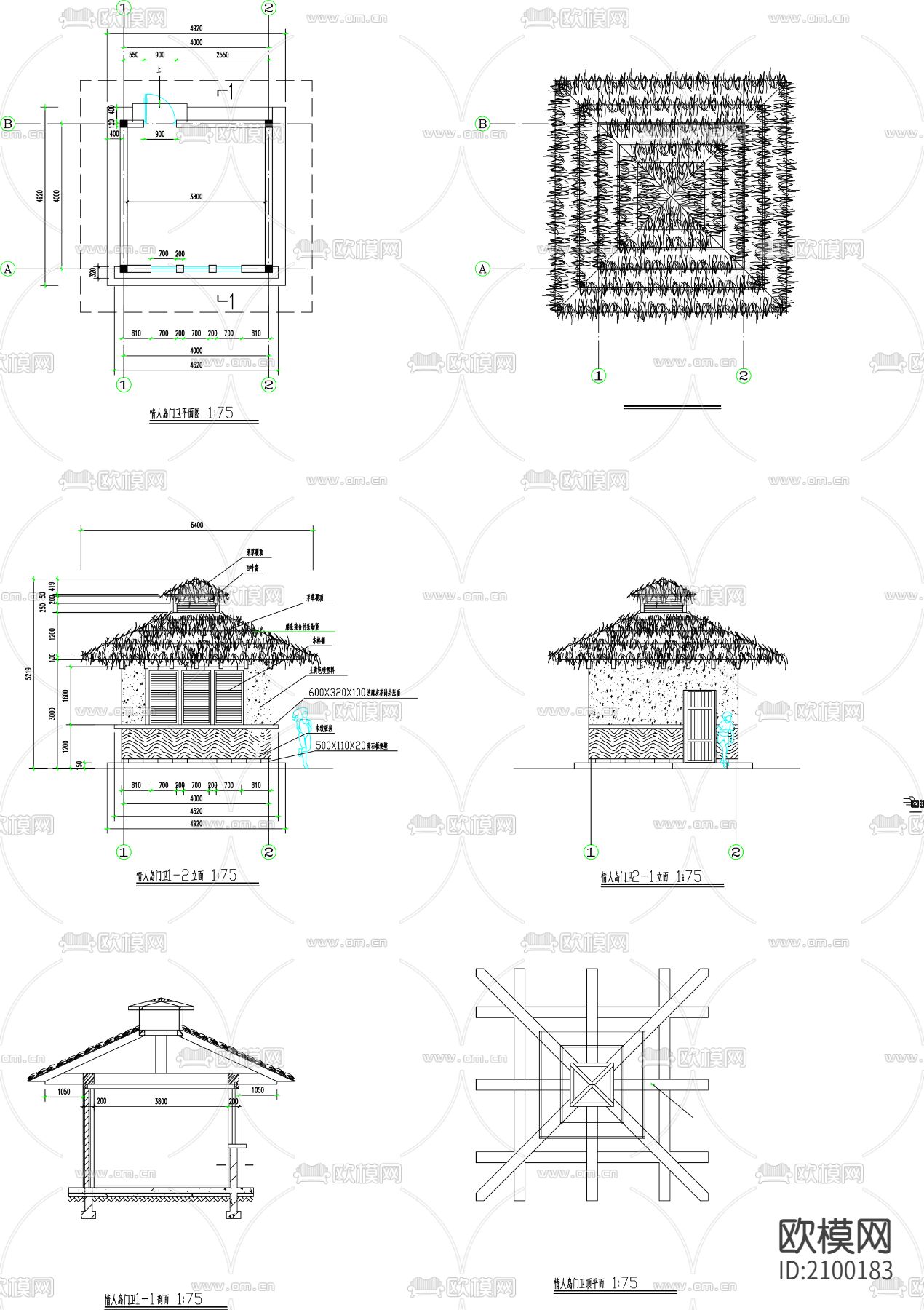 茅亭建筑CAD平立面图下载
