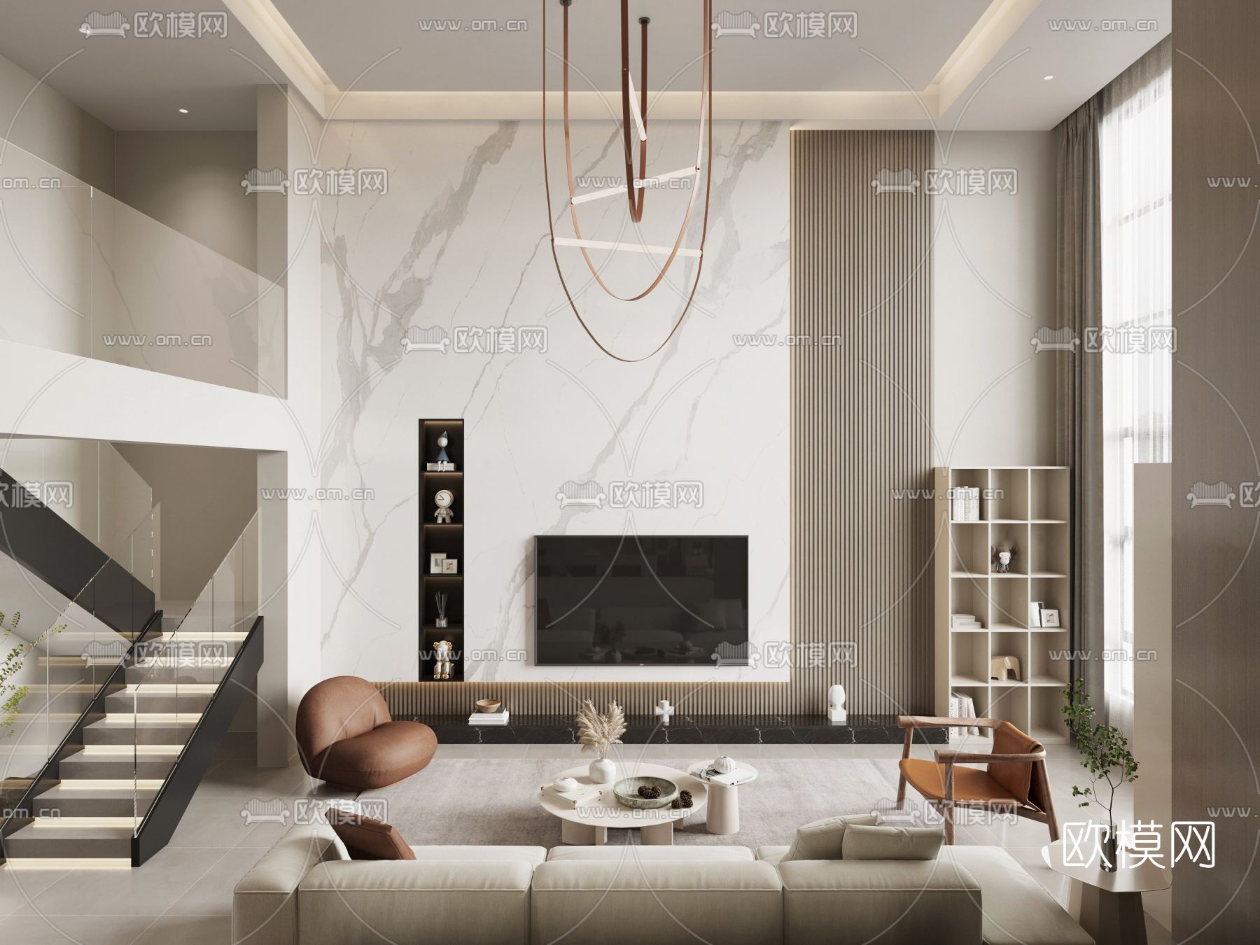 现代别墅客厅3d模型下载（渲染图2）
