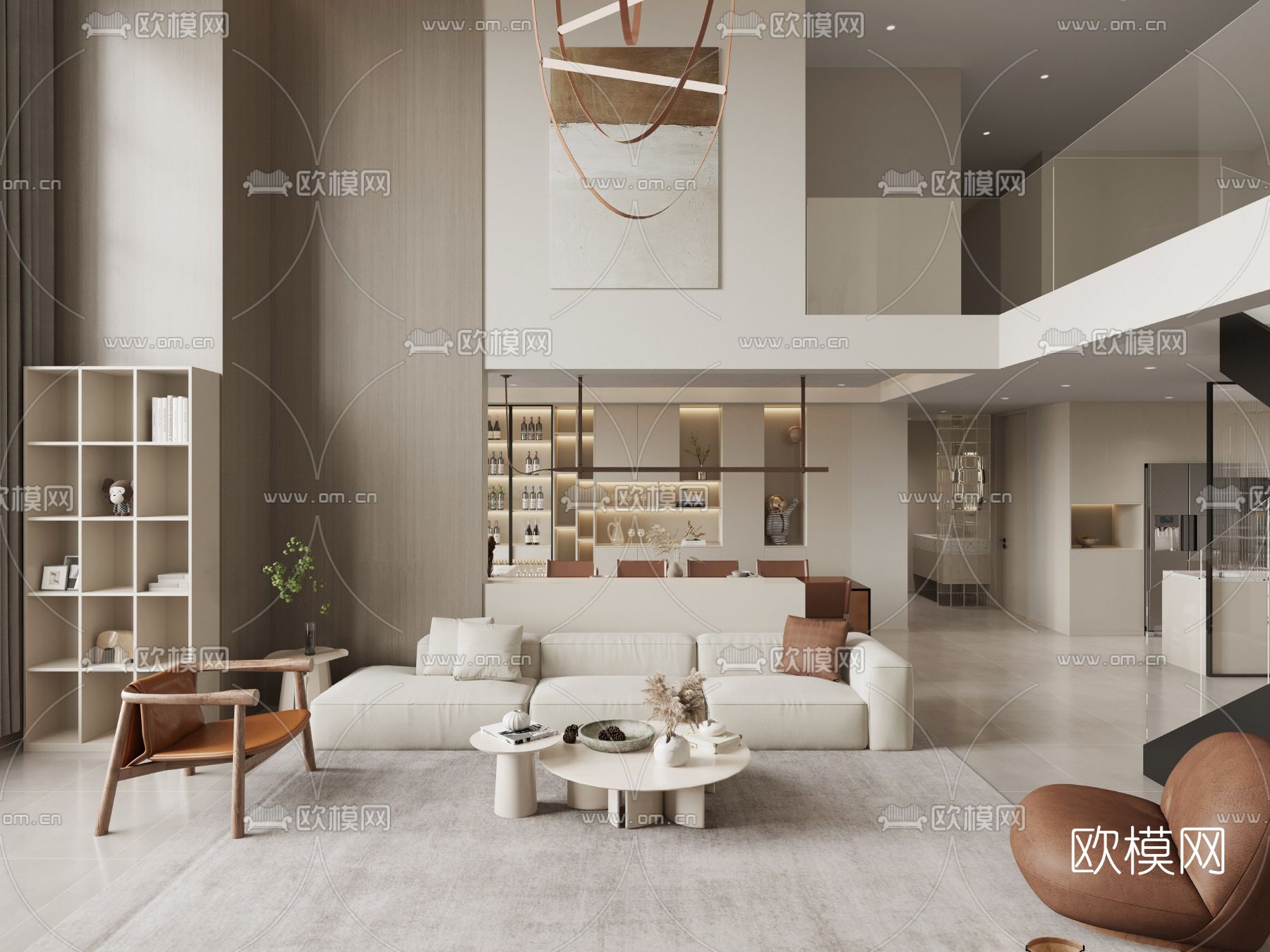 现代别墅客厅3d模型下载（渲染图1）