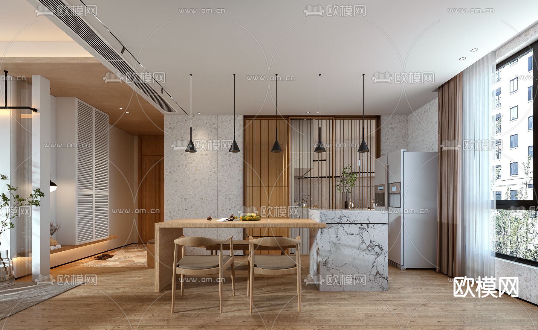 日式客厅餐厅3d模型下载（渲染图3）