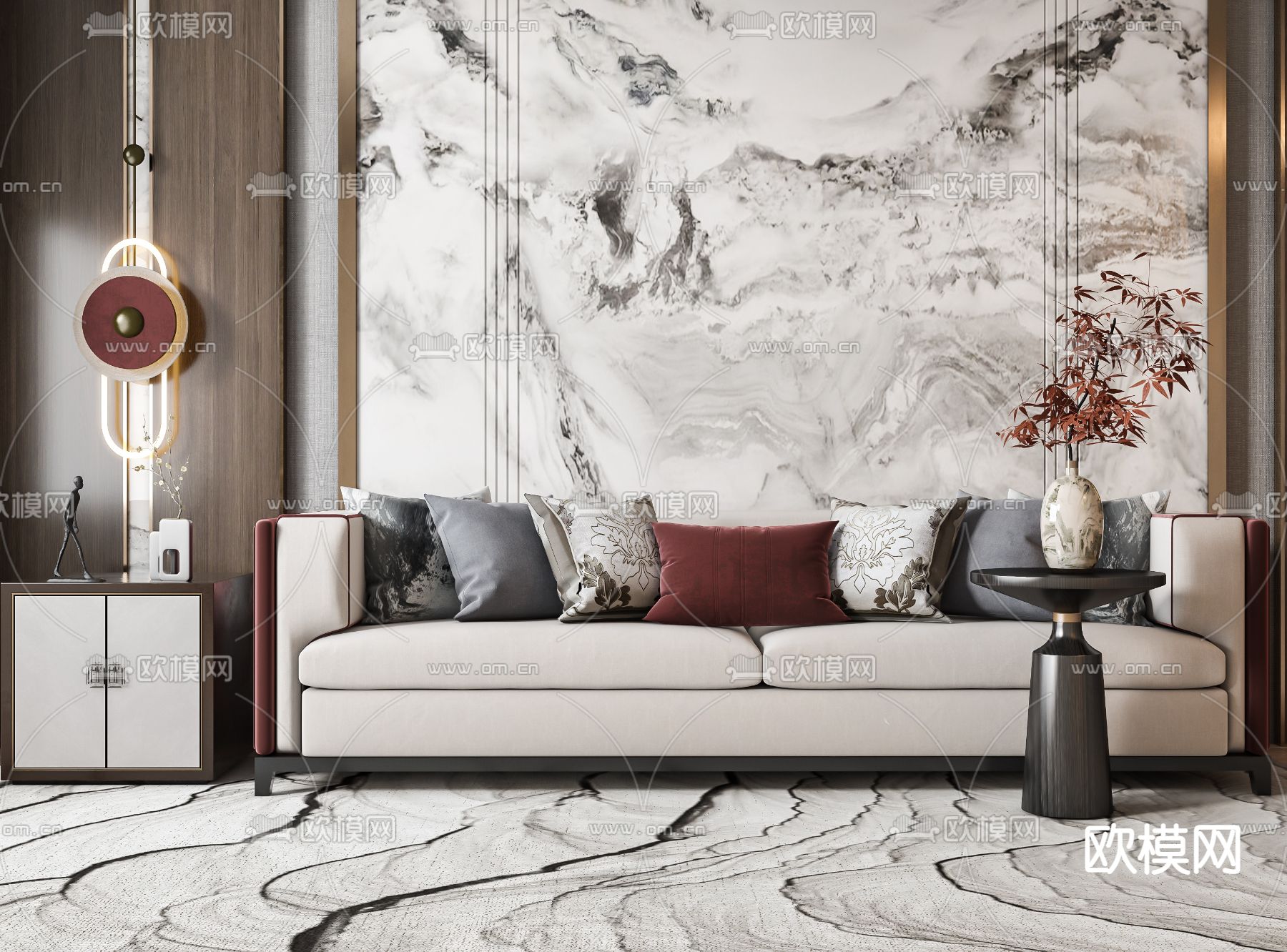 新中式布艺双人沙发3d模型下载