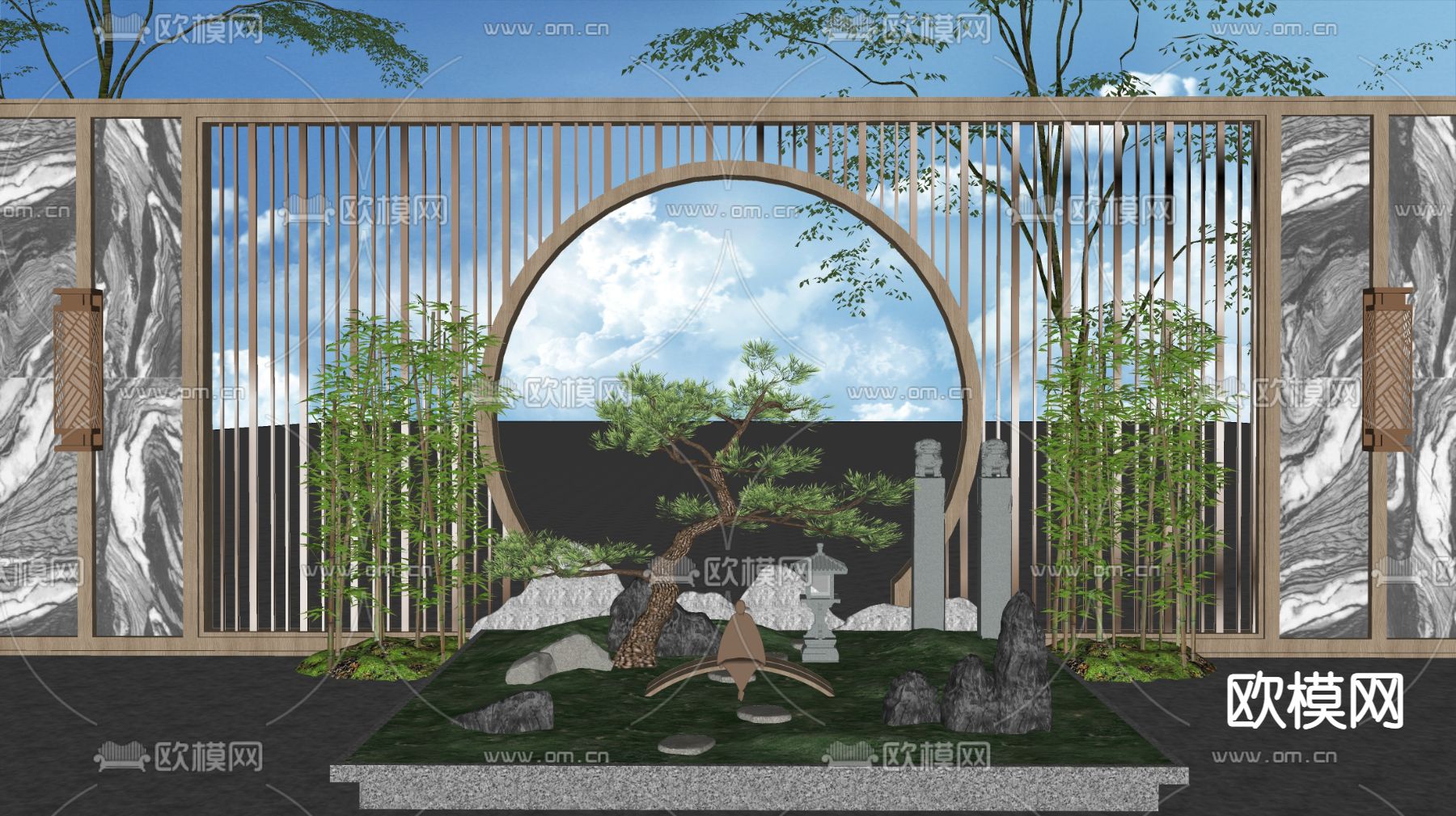 新中式景墙围墙su模型下载（渲染图2）
