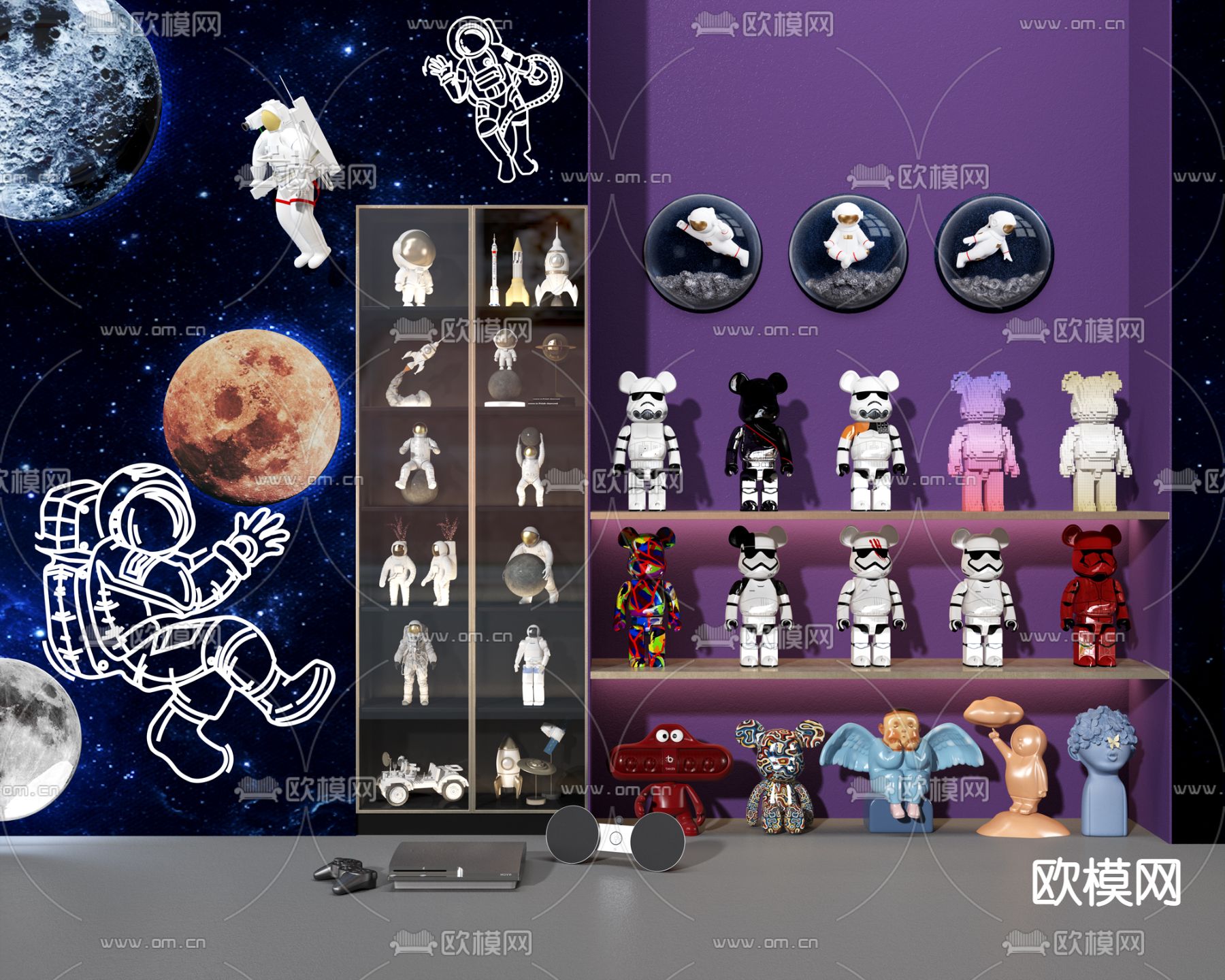 现代潮玩手办墙3d模型下载