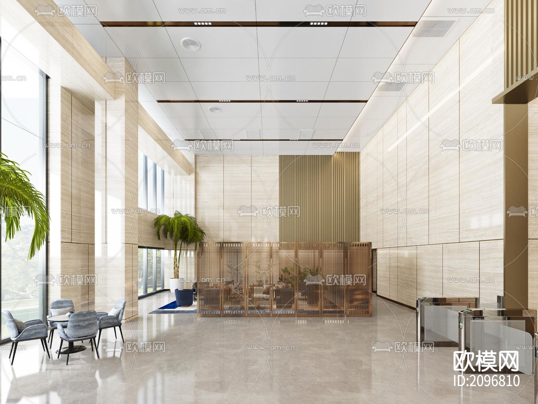 某酒店办公大楼大堂公区电梯厅CAD施工图+效果图下载（渲染图2）