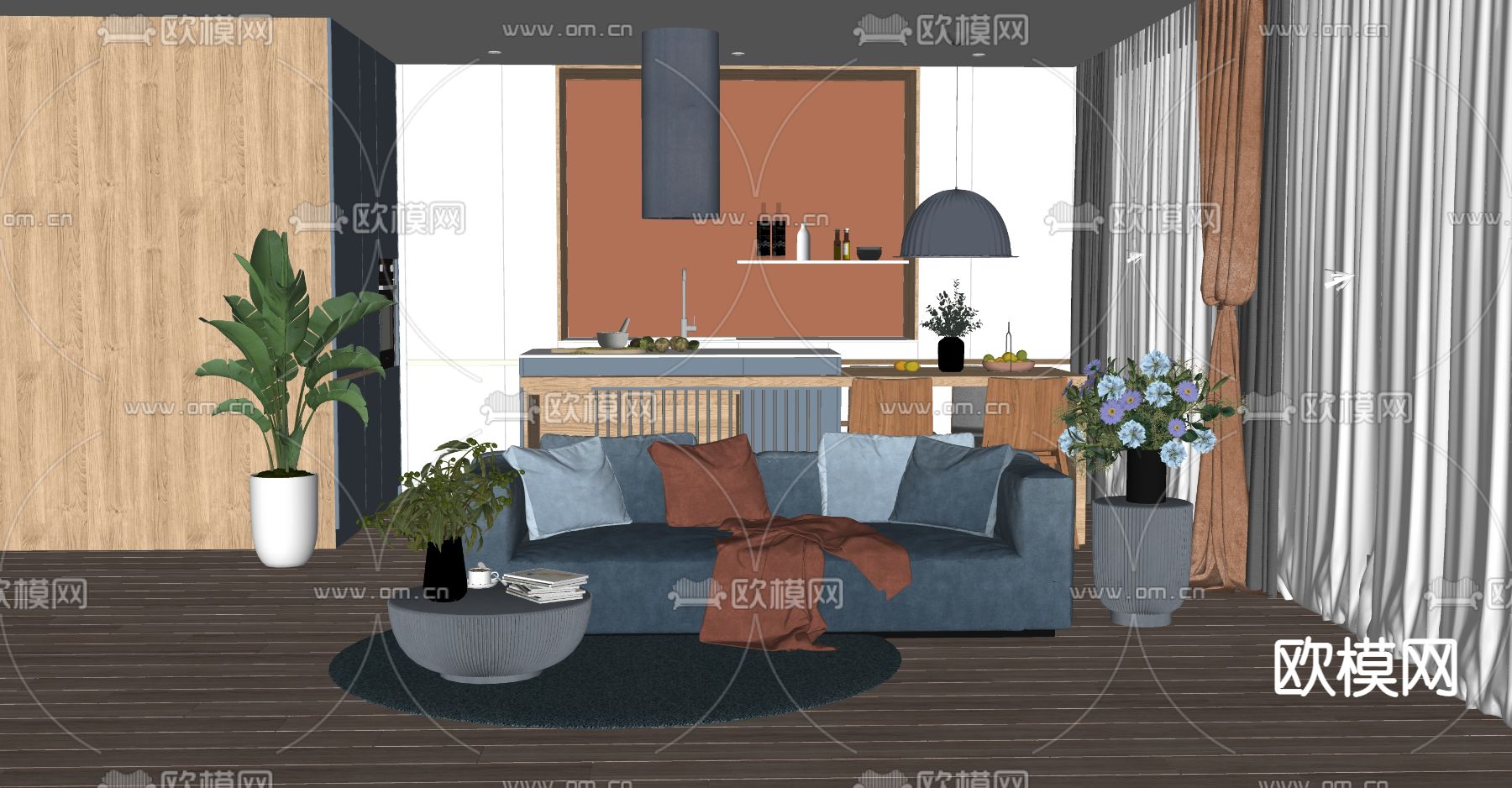 北欧客餐厅su模型下载（渲染图2）