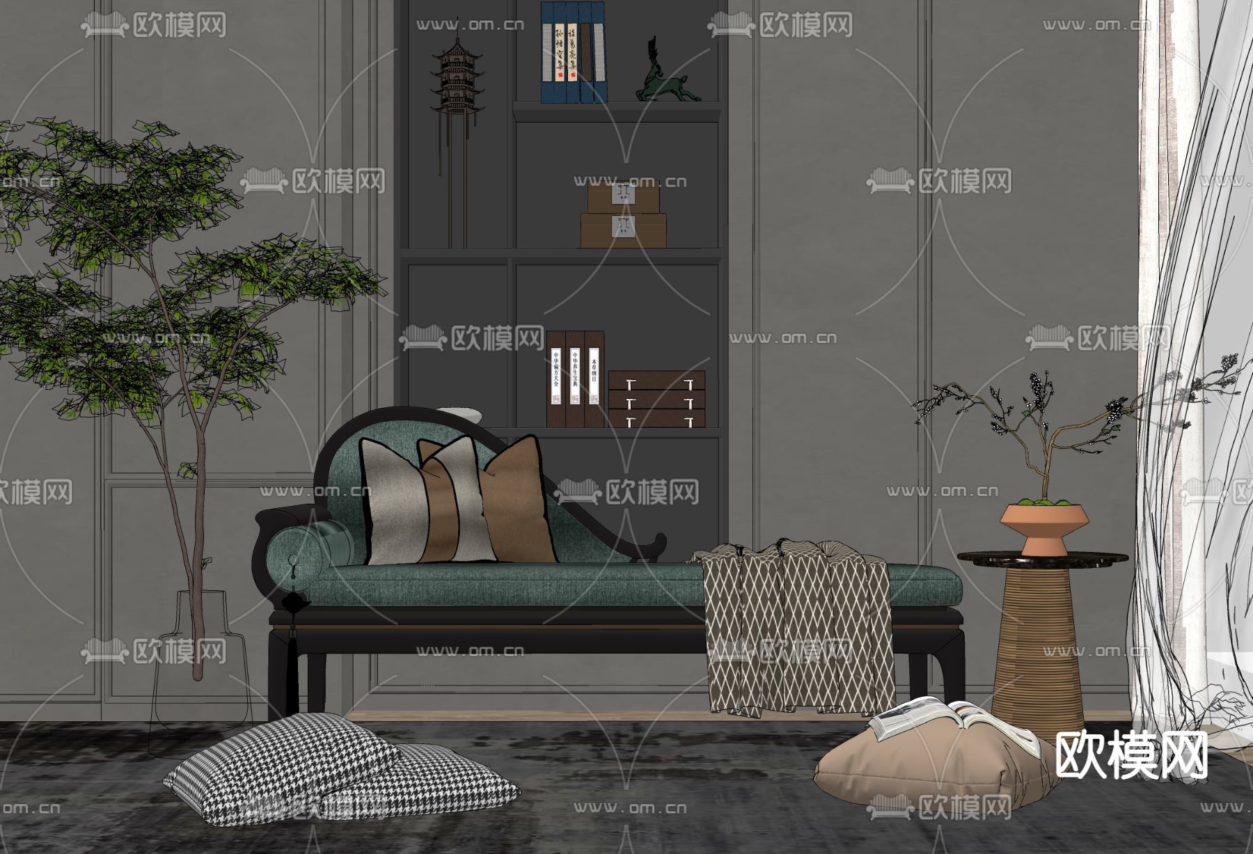 新中式轻奢贵妃躺椅su模型下载（渲染图2）