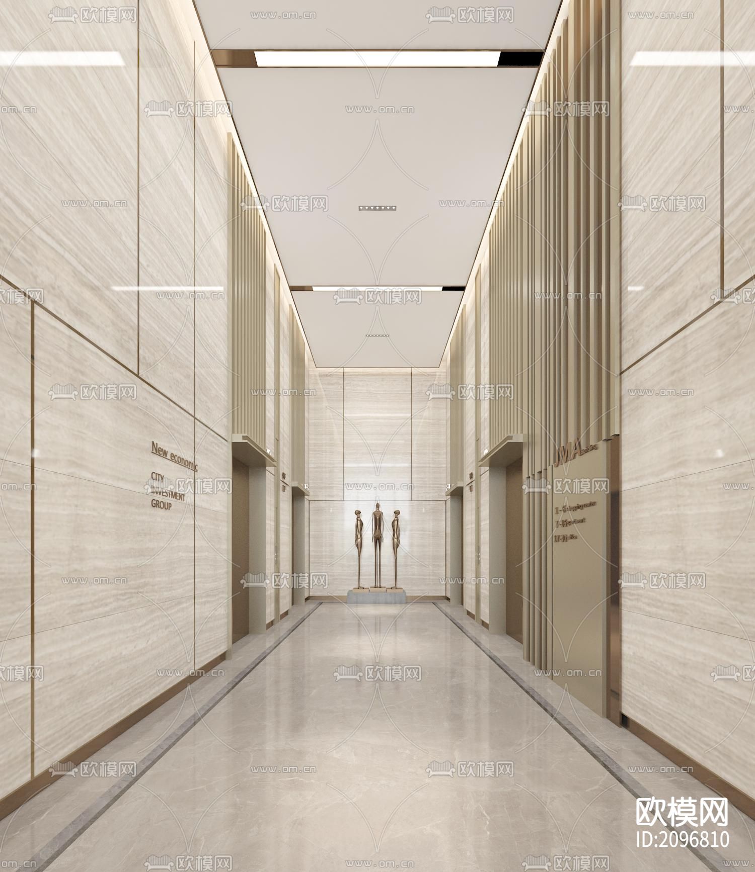 某酒店办公大楼大堂公区电梯厅CAD施工图+效果图下载（渲染图3）