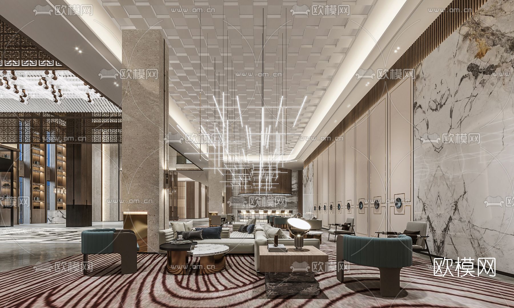 现代轻奢酒店大堂接待区3d模型下载