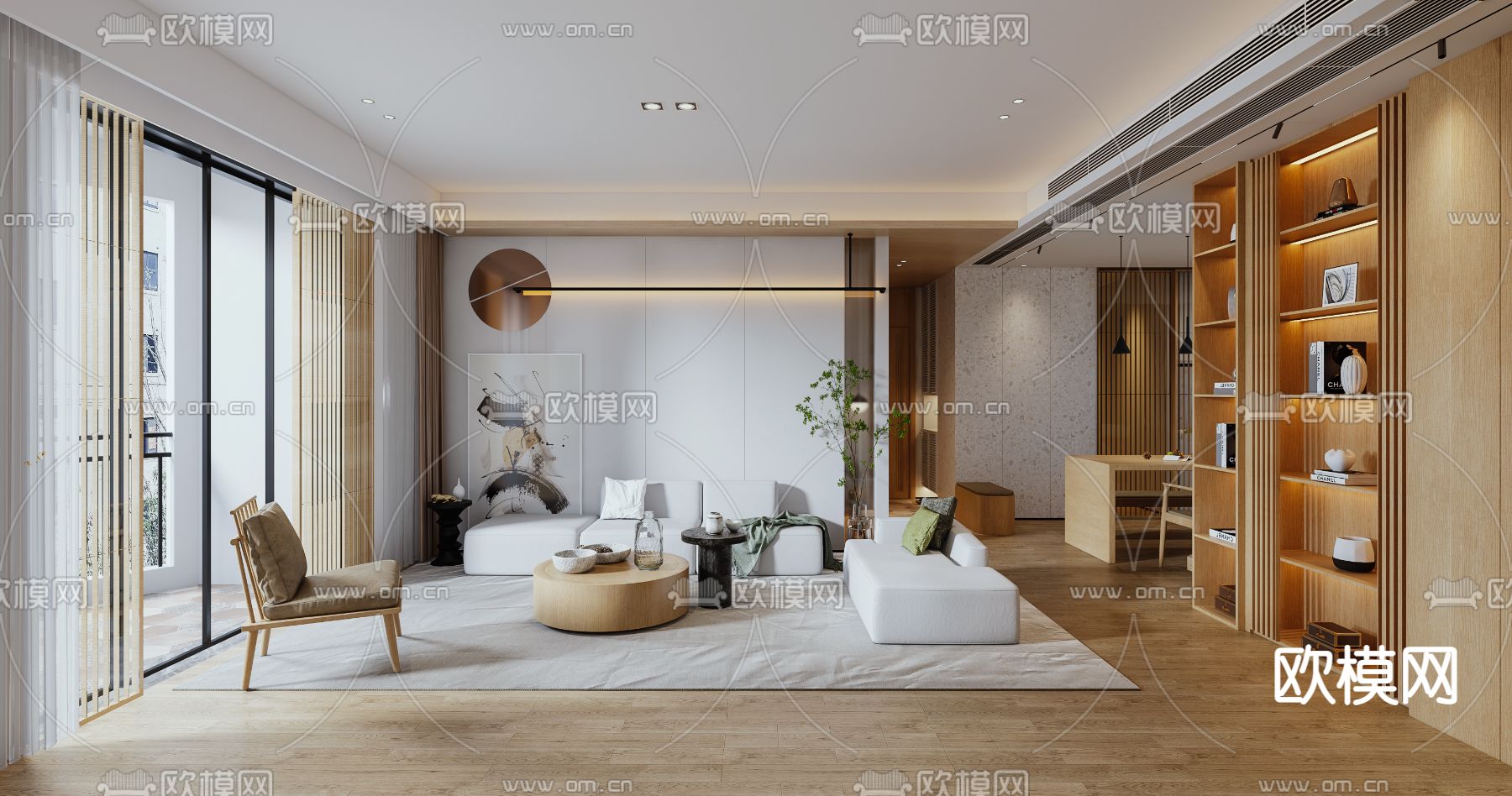 日式客厅餐厅3d模型下载（渲染图2）