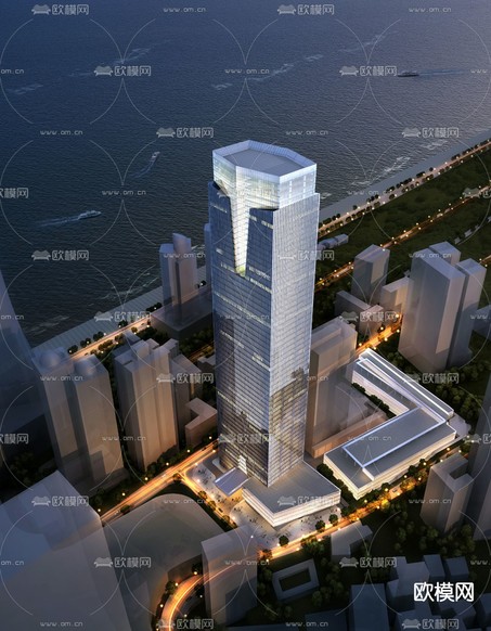 现代办公楼夜景鸟瞰3d模型下载