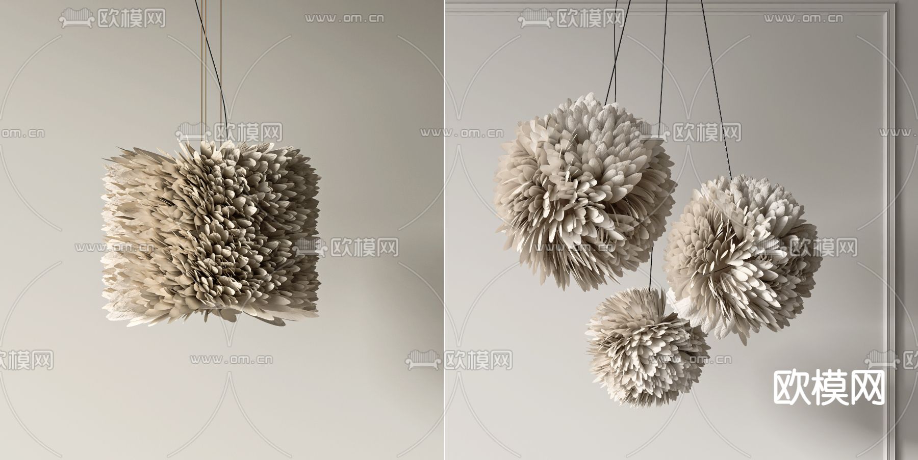侘寂羽毛装饰吊灯3d模型下载（渲染图1）